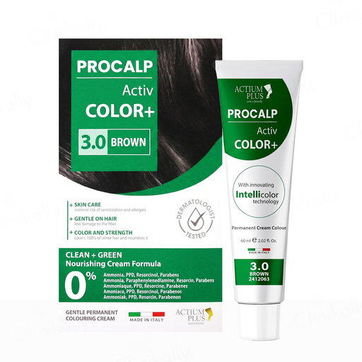 Actium Plus Procalp Activ Color+ Nourishing Gentle Permanent Colouring Cream Kit - 3.0 Brown